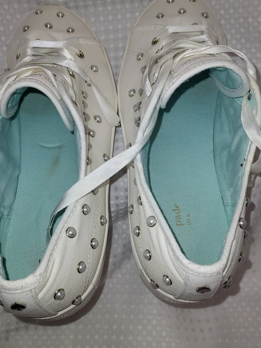 kate spade White Satin Lace-Up Sneakers with Silver Studs
